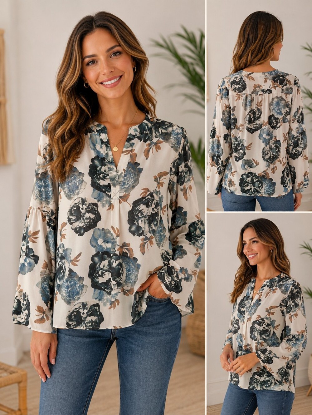 Calvin Klein Cream Blouse with Blue and Brown Floral Print